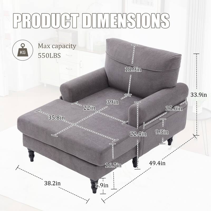 Modern Minimalist Chenille Fabric Chaise Lounge Recliner Single Sofa Living Room Bedroom