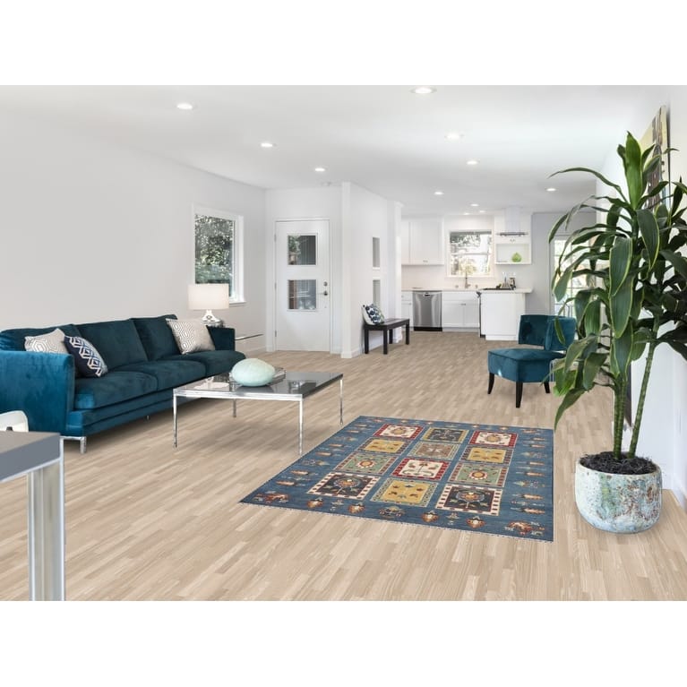 Blue Geometric Kazak Area Rug Hand-Knotted Wool Carpet - 4'2" x 5'11"