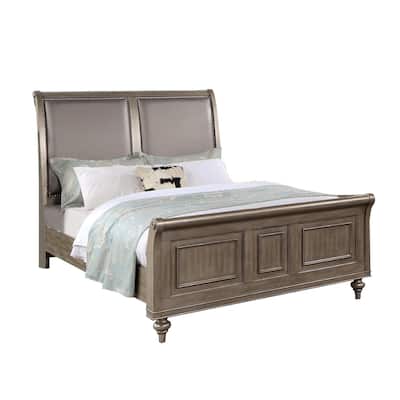 Wooden Bed with Upholstered Headboard in Antique Silver
