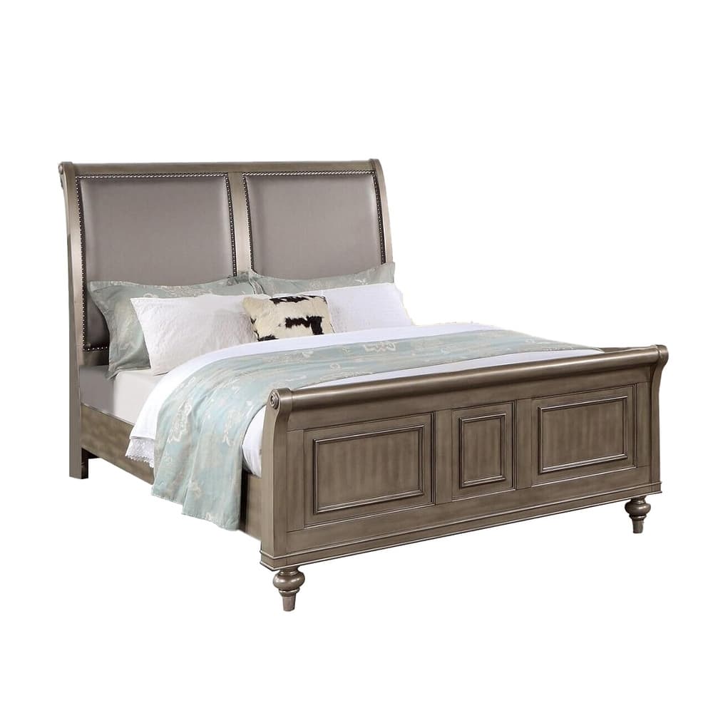 Wooden Bed with Upholstered Headboard in Antique Silver