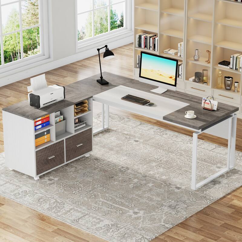 63" L-Shaped Executive Desk with Reversible File Cabinet Office Desk with Storage Drawers