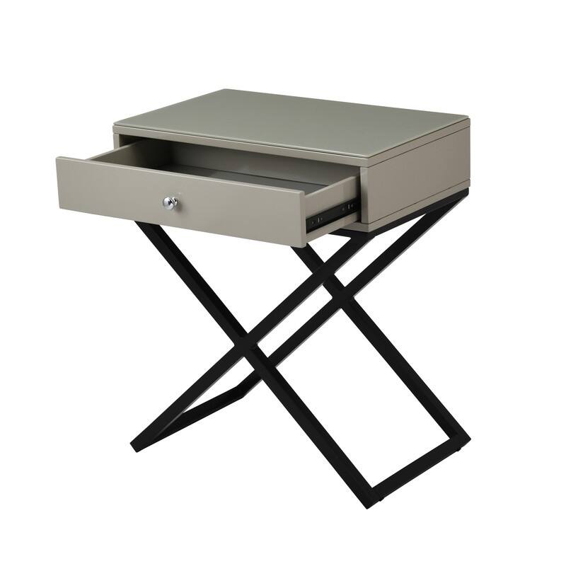 Taupe Wooden Nightstand with Glass Top and Metal Cross Base
