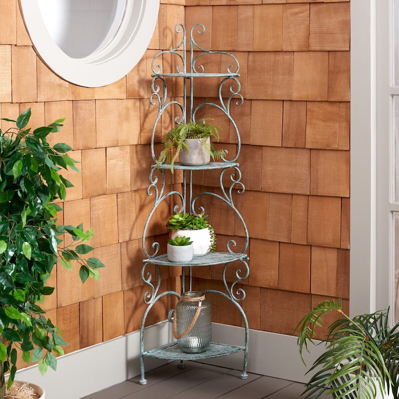 SAFAVIEH Outdoor Cielo 60" 4-Tier Corner Shelf - 13" W x 13" D x 60" H - 13Wx13Dx60H - Antique Dark Green