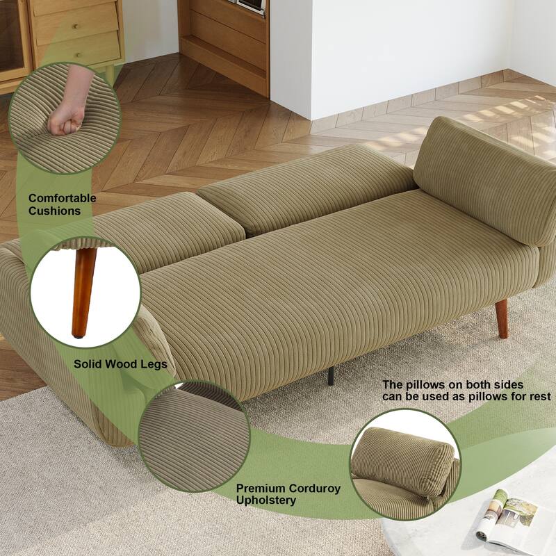 73" W Upholstered Corduroy Convertible Sleeper Sofa Bed with Pillows