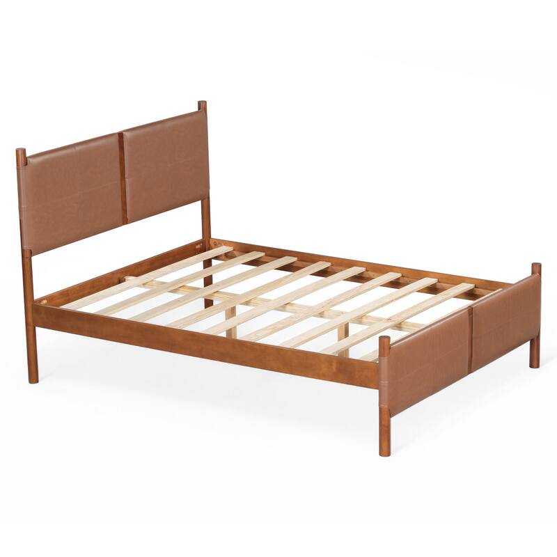 Queen Bed with Brown leather Upholstered Headboard, Wood Frame