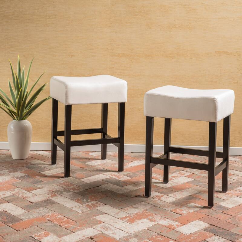 Modern 26.75" Set of 2 Bar Stools with Leather Seat and Backless and Solid Wood Legs for Bar and Dining Room or Living Room - Beige