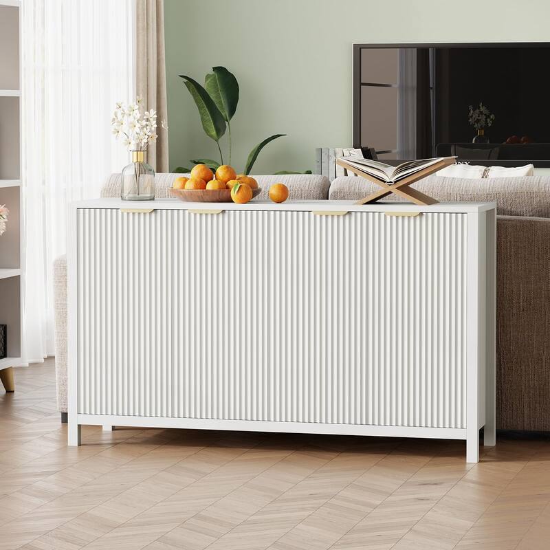 55" Modern Fluted Sideboard Buffet Cabinet with Storage, Wood Coffee Bar Buffet Table with 4 Doors & Adjustable Shelves - White