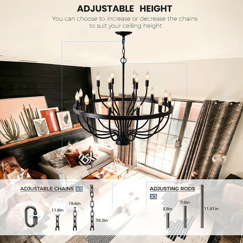 Classic Wagon Wheel Chandelier - Adjustable Rustic Ceiling Light with Matte Black Finish