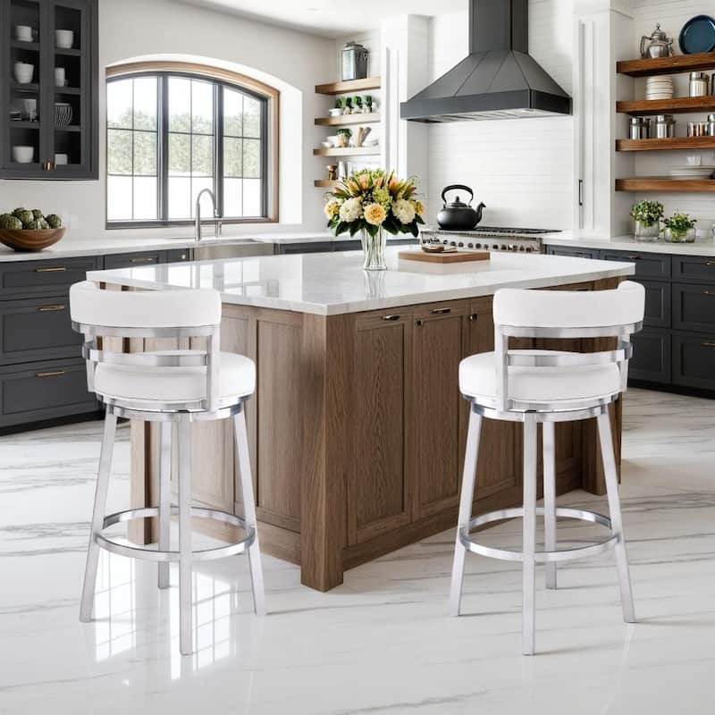 Madrid White Modern Swivel Bar Stool, Upholstered Counter Height Chair with Metal Frame - Counter Height