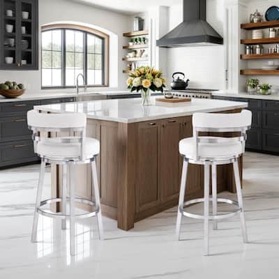 Madrid White Modern Swivel Bar Stool, Upholstered Counter Height Chair with Metal Frame