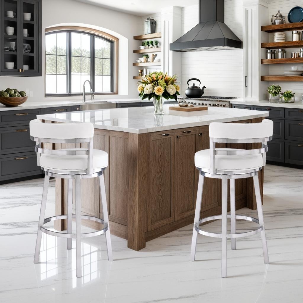 Armen Living Madrid White Modern Swivel Bar Stool, Upholstered Counter Height Chair with Metal Frame