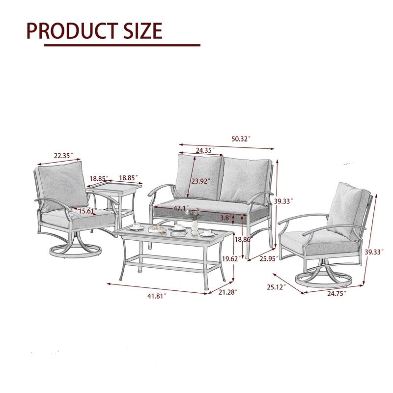 5-Piece Outdoor Patio 50" W Lovesat Set Swivel Chairs Seating Group