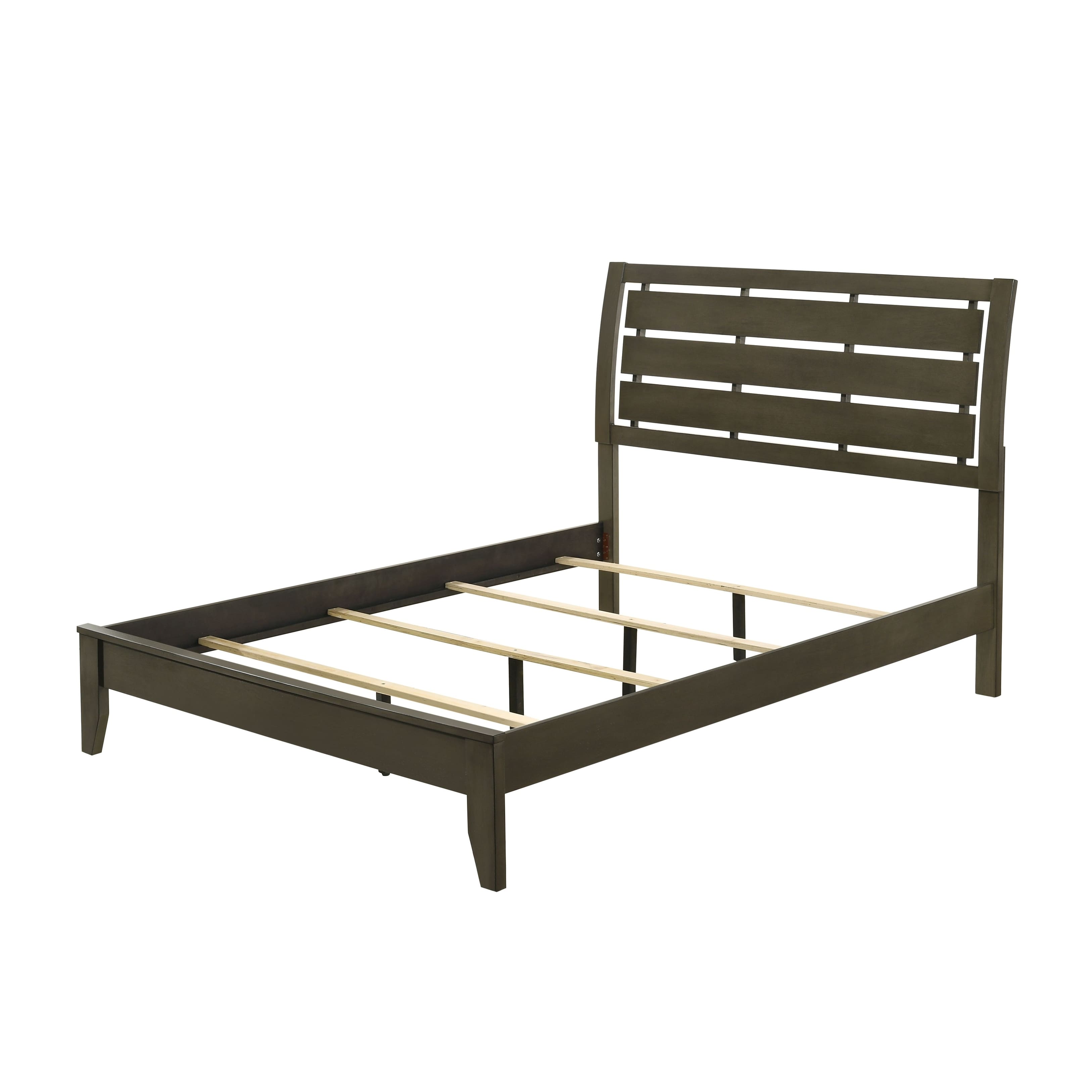 Transitional Style Gray Finish Queen Bed Slatted Headboard, Tapered Wooden Legs, Box Spring