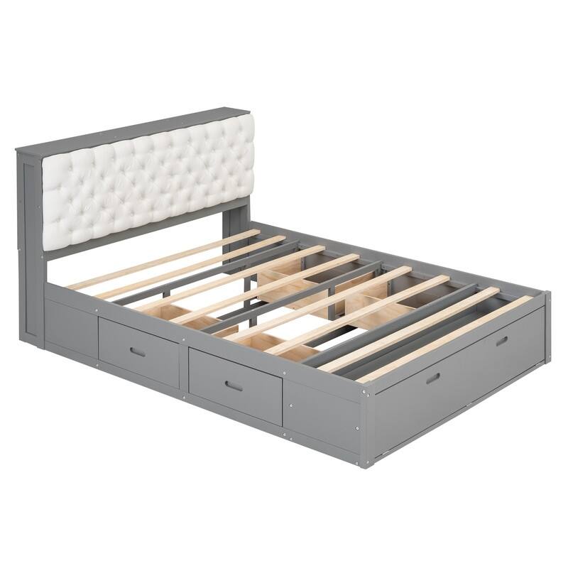 Queen Size Wood Platform Bed with Storage Headboard, Storage Shelves and 2 Drawers
