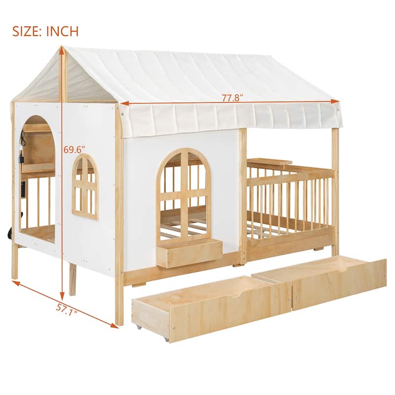 Full Size Kids House Bed with 2 Storage Drawers, Side Bookshelf with LED Strip, Guardrails and Charging Station