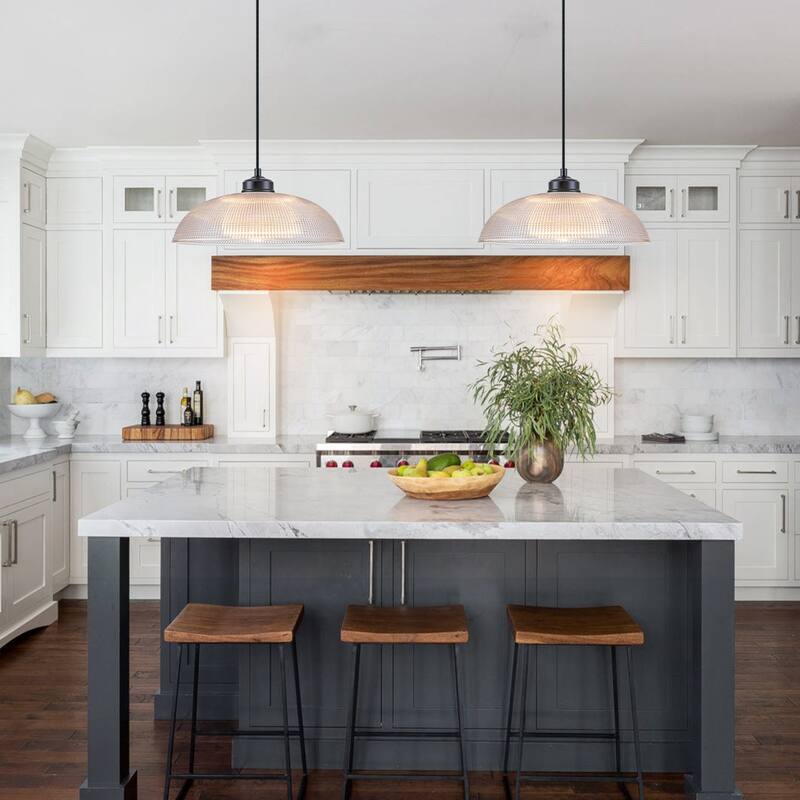 1-Light Matte Black Dome Pendant Textured Glass Kitchen Island Lights for Dining Room