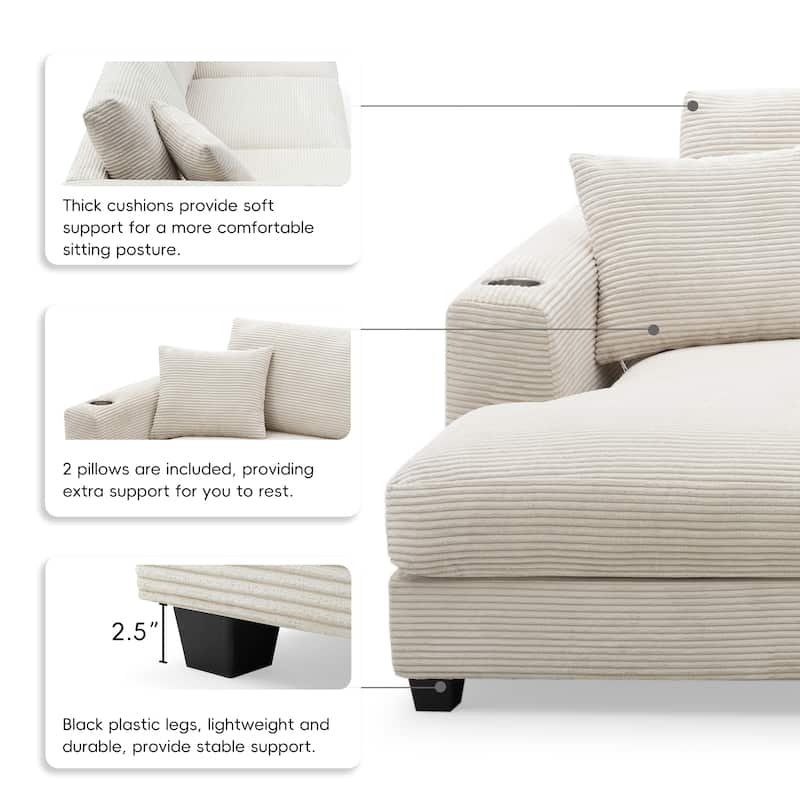 L Shaped Cloud Couch, Corduroy Sectional Sofa w/USB, Cup Holder