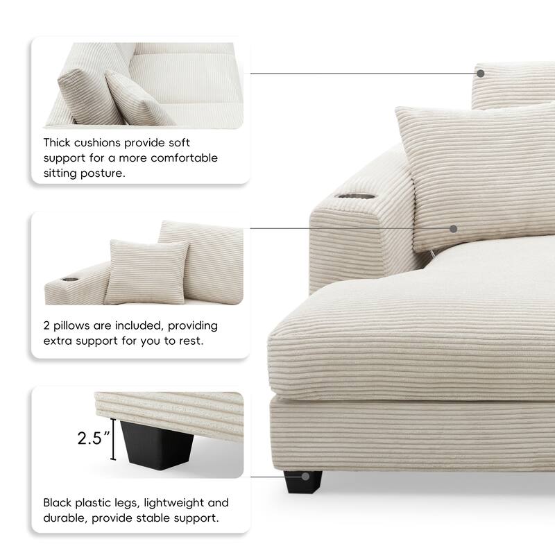 Spacious 4-Seater Corduroy Cloud Couch with Chaise, USB Charging Ports, and Cup Holders