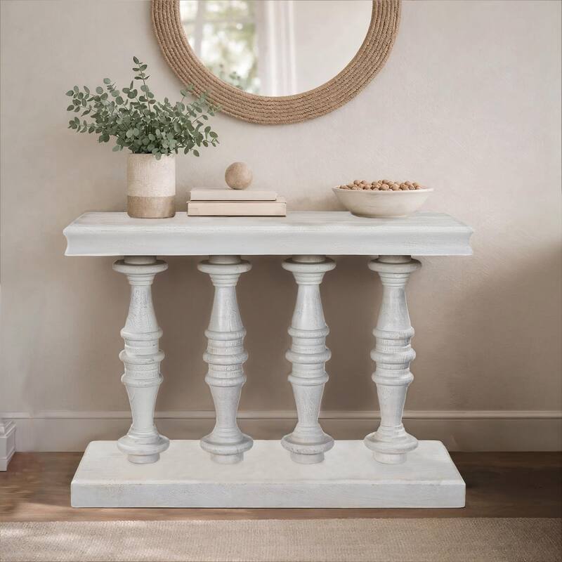 Console Table, 42-Inch Mango Wood Top, Shabby Chic Finish, Turned Pillar Legs