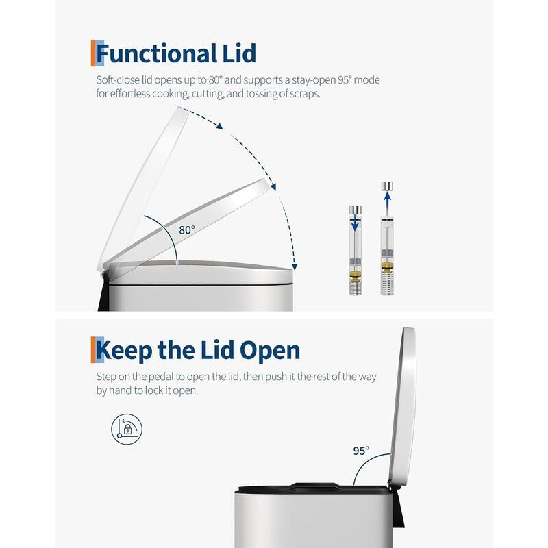 13 Gallon Stainless Steel Kitchen Trash Can with Inner Bucket - Slim Design Soft-Close Lid and Foot Pedal Silver