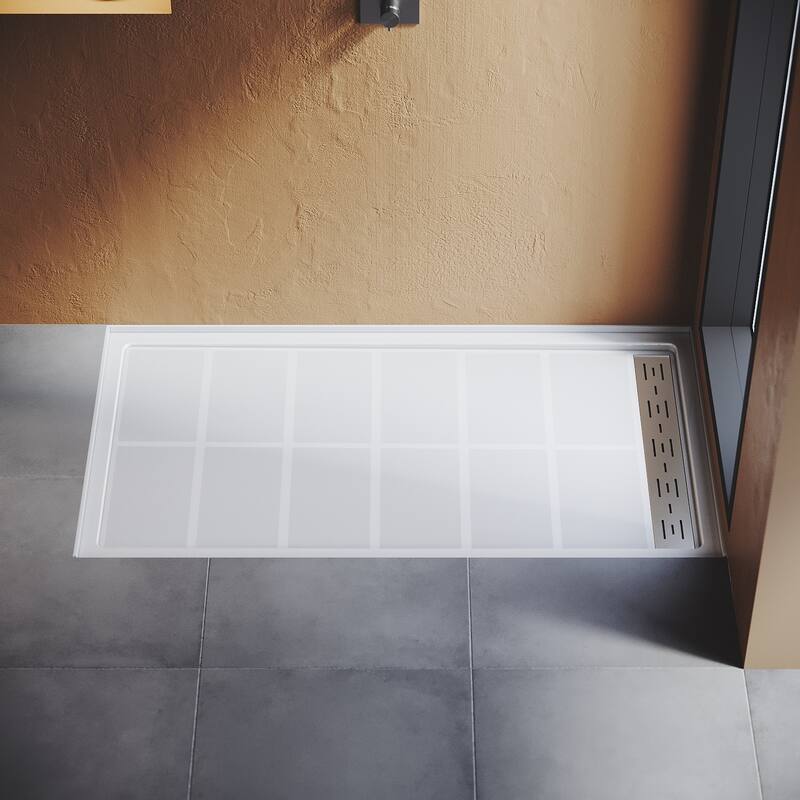 Elegant Rectangular SMC Shower Base 60" L x 32" W x 4" H Right Drain in White with Cover Single Threshold Anti-slip Shower Pan