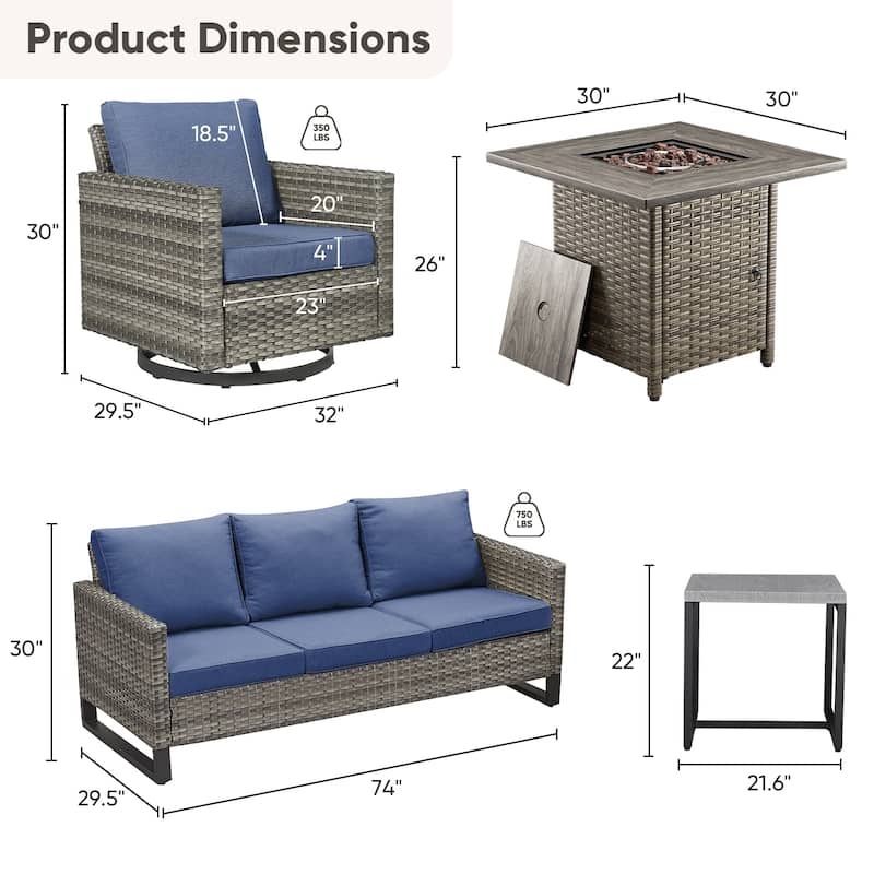 5 Pieces Fire Pit Table with Sofa Swivel Chair Set