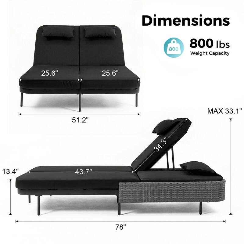 2-Person Outdoor Double Chaise Lounge, Wicker Patio Reclining Daybed with 6-Position Backrests, 4" Cushions, 800 lb Capacity