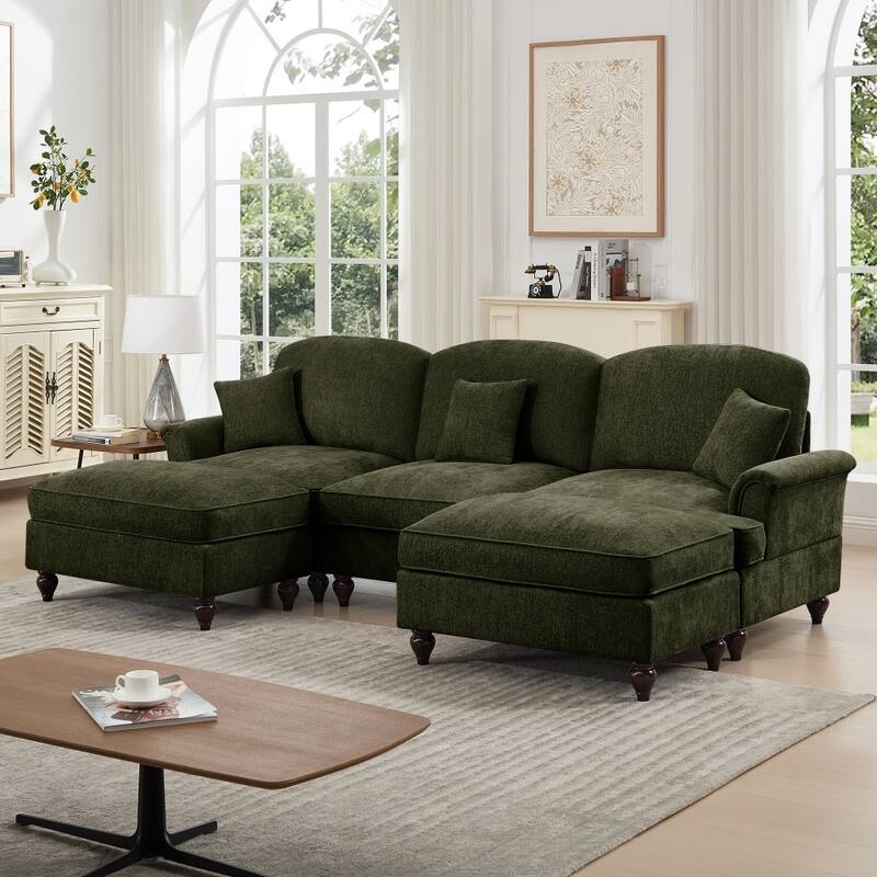 U-shaped Classic Modular Comfy Sectional Sofa with Ottomans & Ruffles Pleats Skirts