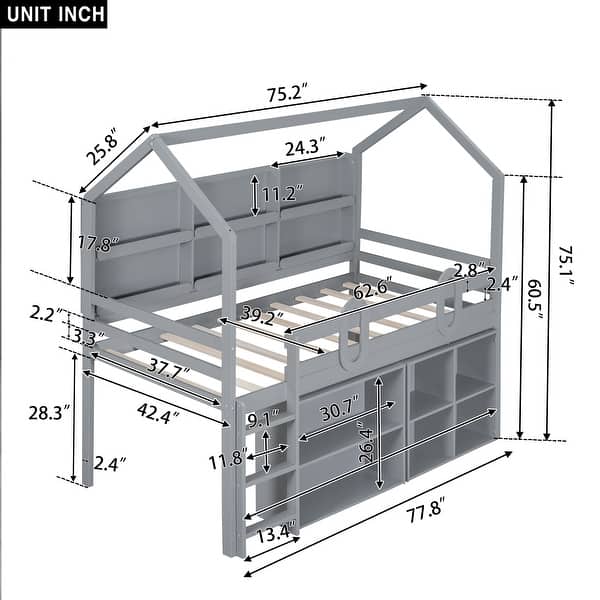 Grey Twin Size House Loft Bed with Multiple Storage Shelves