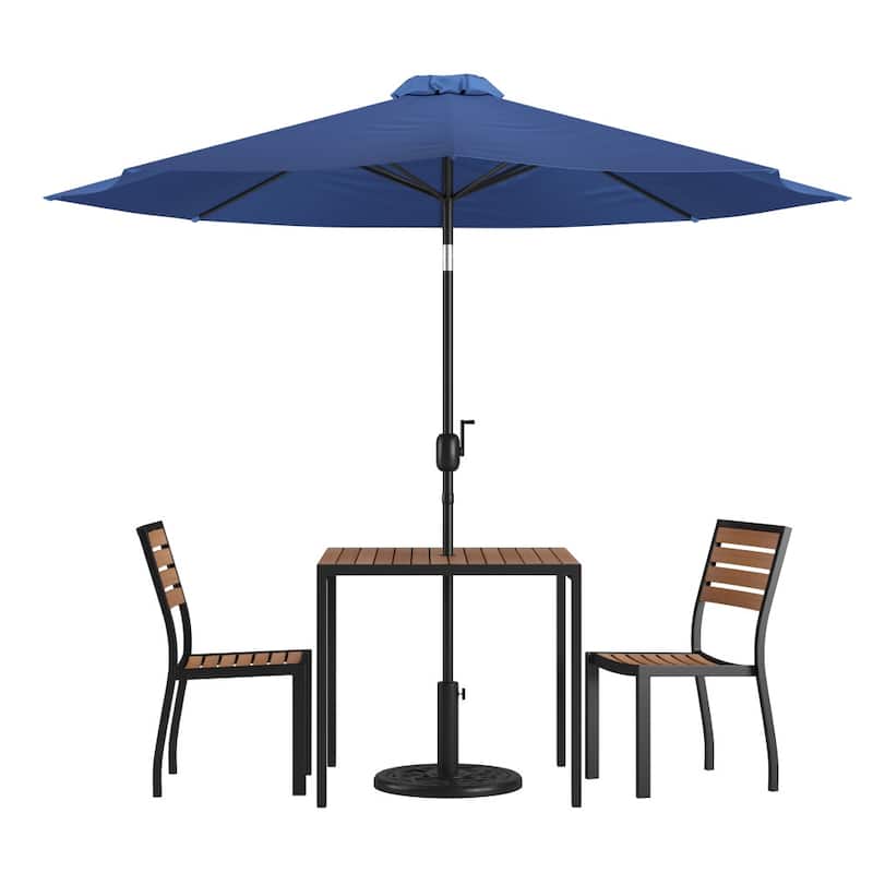 Faux Teak Patio Table, 2 Chairs & 9FT Patio Umbrella with Base