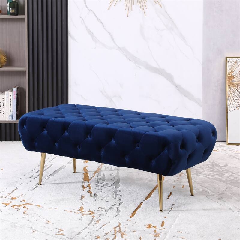 Velvet Tufted Backless Bench with Metal Legs - Blue
