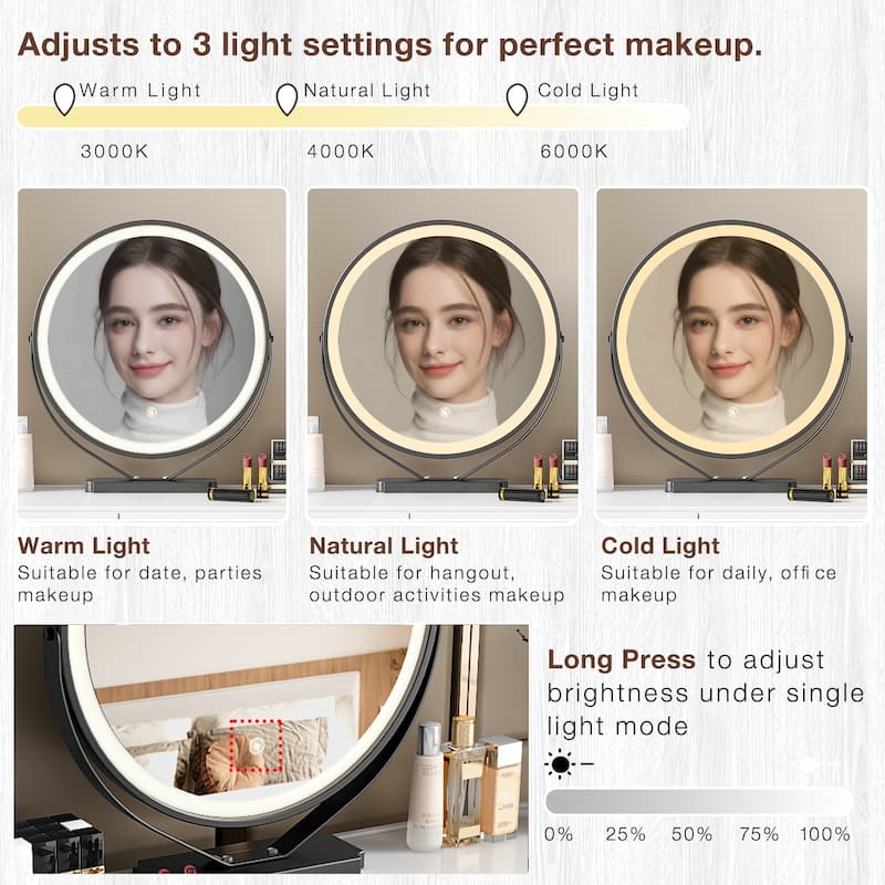 Modern Minimalist Dressing Table with Detachable Mirror and Rotatable Side Cabinet Makeup table, Easy Assembly Vanity