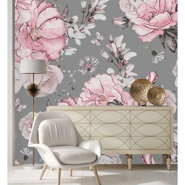 Grey Wallpaper with Pink Flowers Peel and Stick and Prepasted - Bed ...