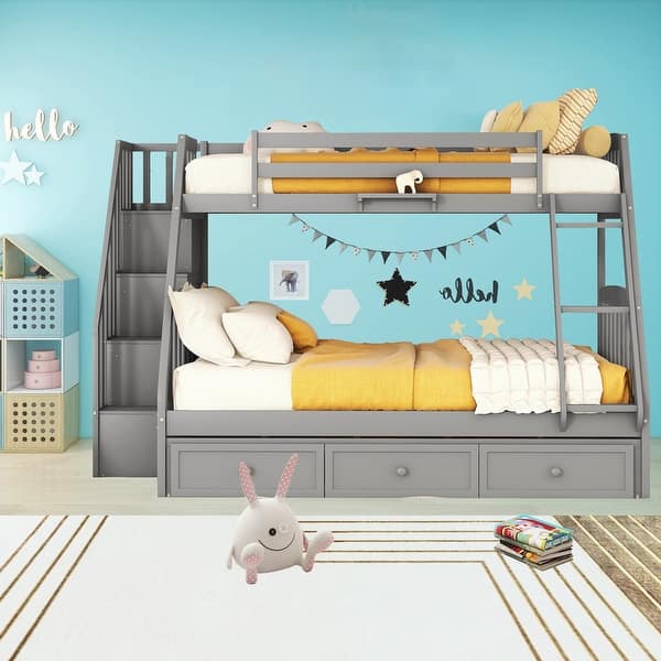 slide 2 of 9, Twin-Over-Full Wooden Bunk Bed with Drawers,Ladder and Storage Staircase, Gray