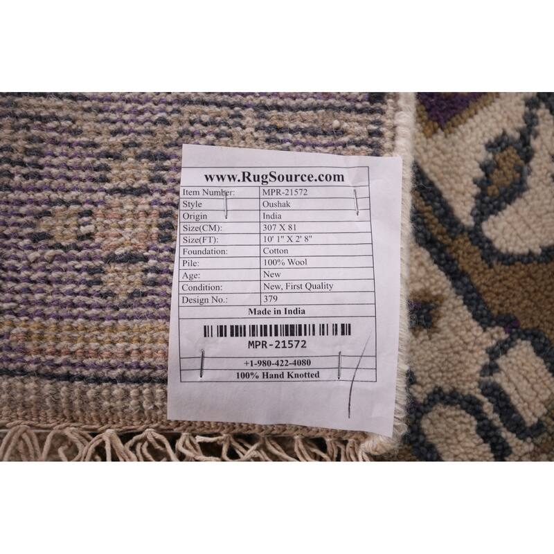 Ivory & Purple Oushak Indian Runner Rug Hand-Knotted Wool Carpet - 2'8"x 10'1"