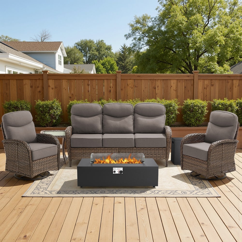Meyreso 5-Piece Wicker Outdoor Patio Fire Pit Sofa Set with 6-Inch Thick Cushions