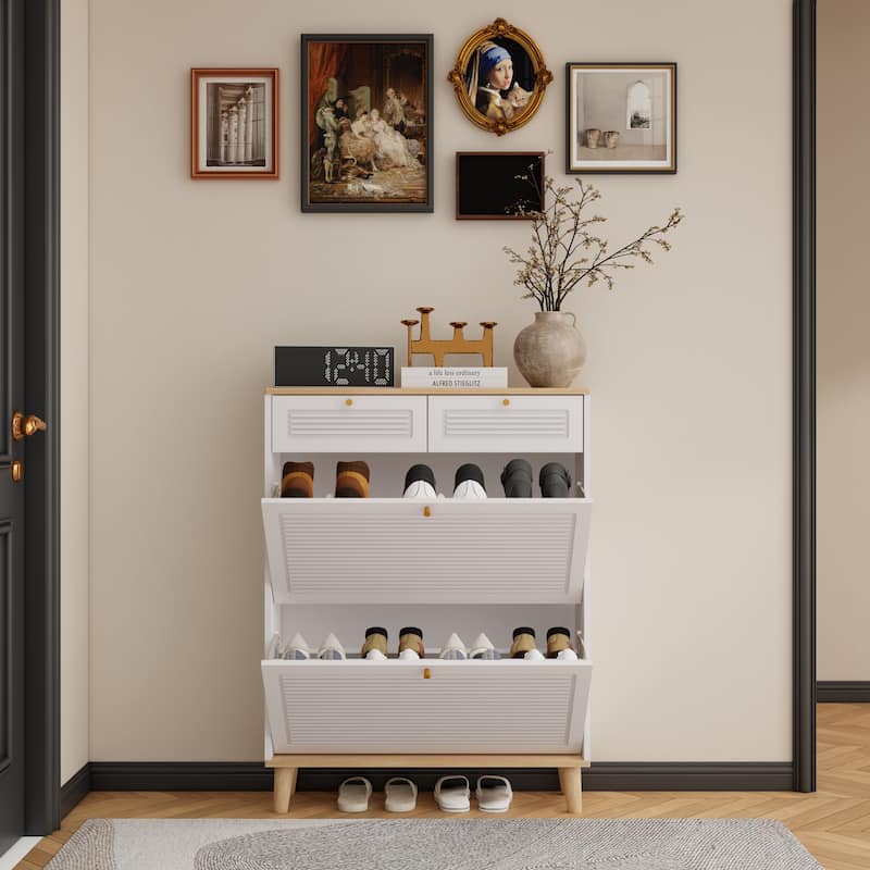 Homy Casa Compact Shoe Storage Bench 2 Flip Doors 2 Drawers, White