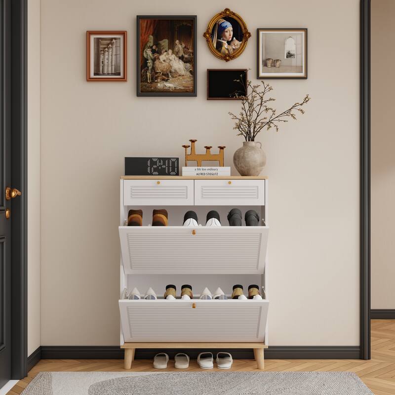 Narrow Shoe Cabinet with 2 Flip-Up Doors & 2 Drawers, Freestanding Entryway Shoe Organizer, Shoe Rack with Natural Wood Legs