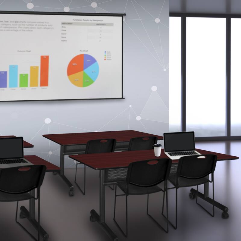 60" x 24" Flip Top Mobile Training Table with Modesty Panel- Mahogany and 2 Stack Chairs- Black