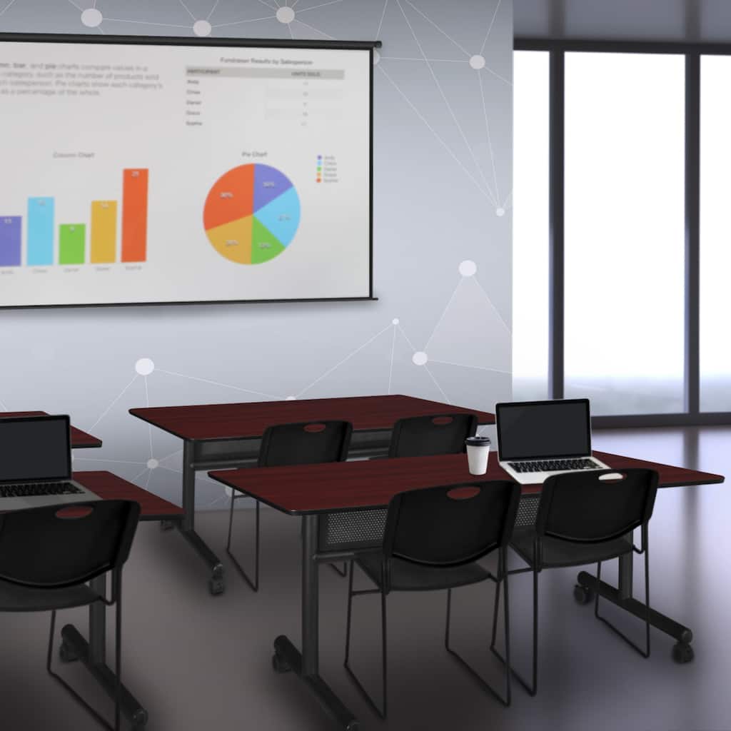 60" x 24" Flip Top Mobile Training Table with Modesty Panel- Mahogany and 2 Stack Chairs- Black