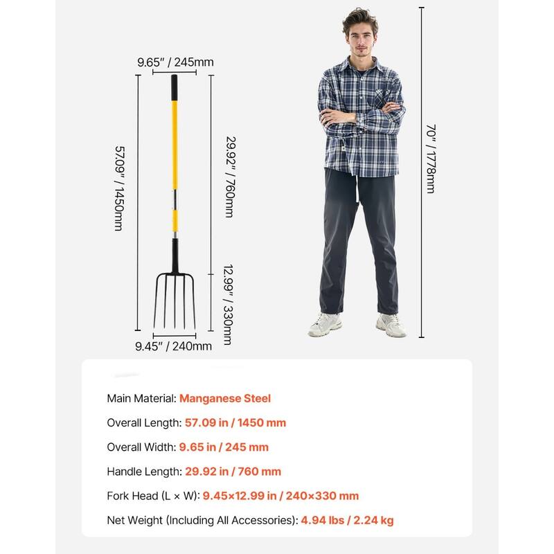 Yellow and Black Manganese Steel Garden Pitch Fork with Fiberglass Handle and Non-Slip Grip - 57.09 in x 9.65 in