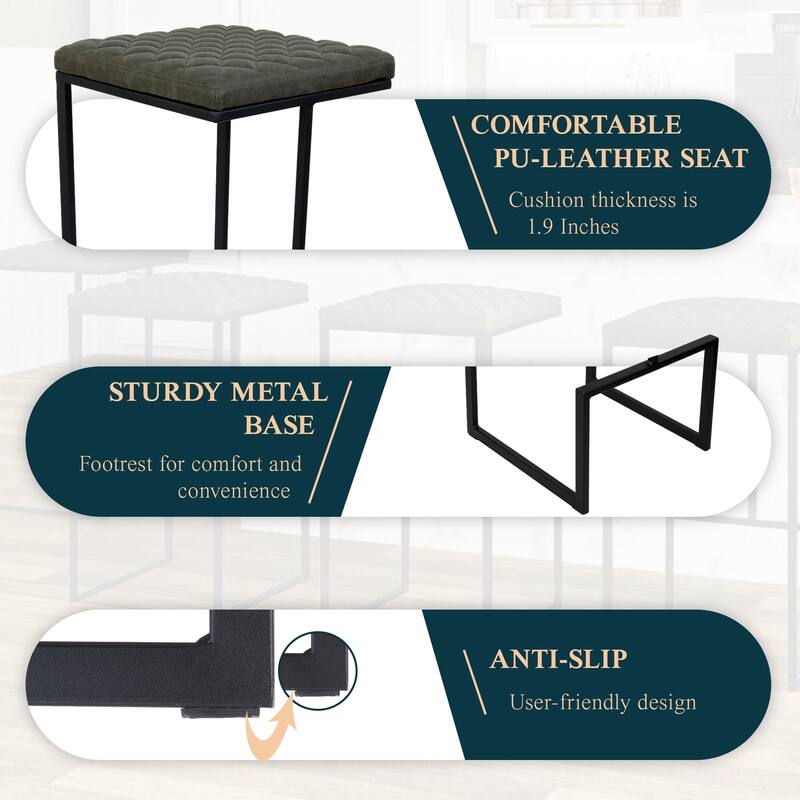 Quincy Leather Counter Barstool – Upholstered Square Seat with Quilted Back, Footrest, and Metal Legs for Kitchen or Dining Area
