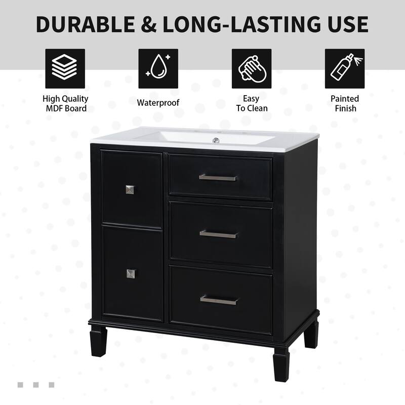 30" Bathroom Vanity with Ceramic Sink, Flip-Out Drawer, Soft Close Doors & Drawers Cabinet with Solid Wood Legs