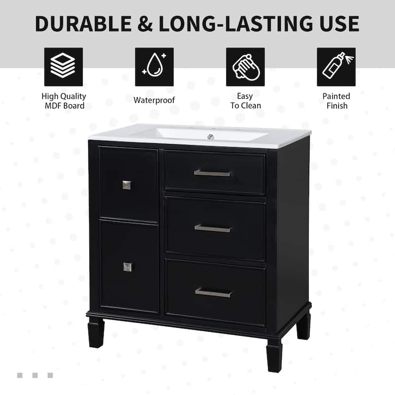 Classic 30-Inch Bathroom Vanity Set‌ - White Painted MDF Cabinet with Ceramic Sink & Flip-Out Plumbing Drawer.