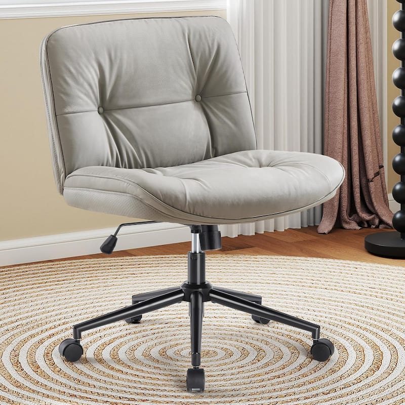 Criss Cross Chair with Wheels, Legged Home Office PU Leather Wide Armless Desk Seat - 27"D x 26.4"W x 34.8"H - Khaki