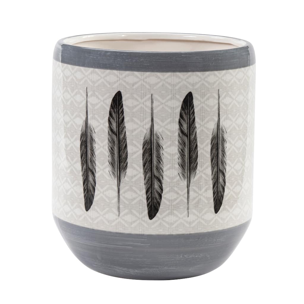 Paseo Road by HiEnd Accents Feather Design Ceramic Wastebasket, 1PC - Cream/Gray