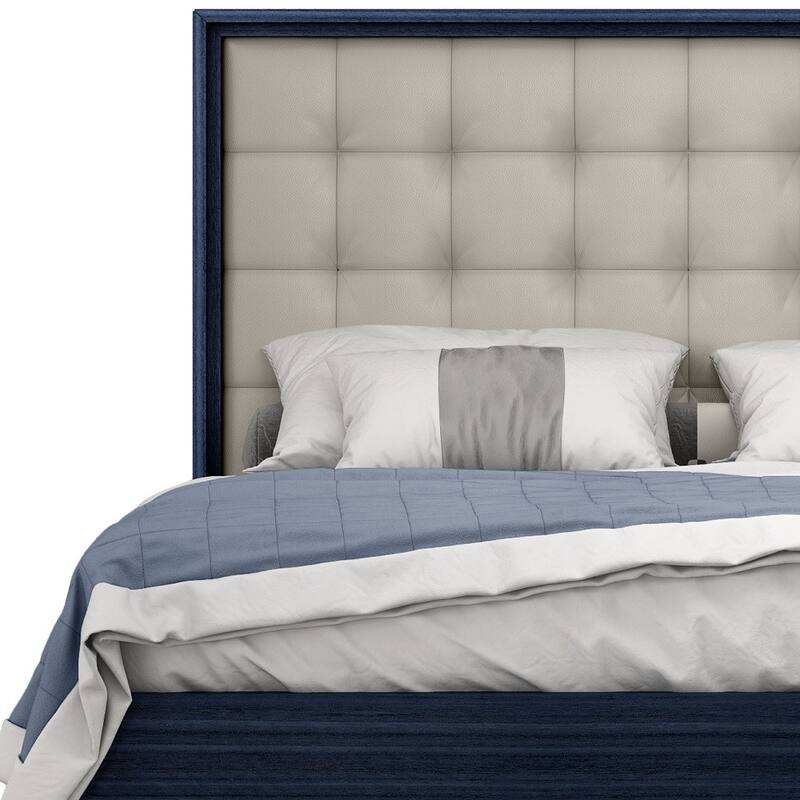 HomeRoots Blue and Gray Wood And Tufted Faux Leather Lighted King Bed Frame