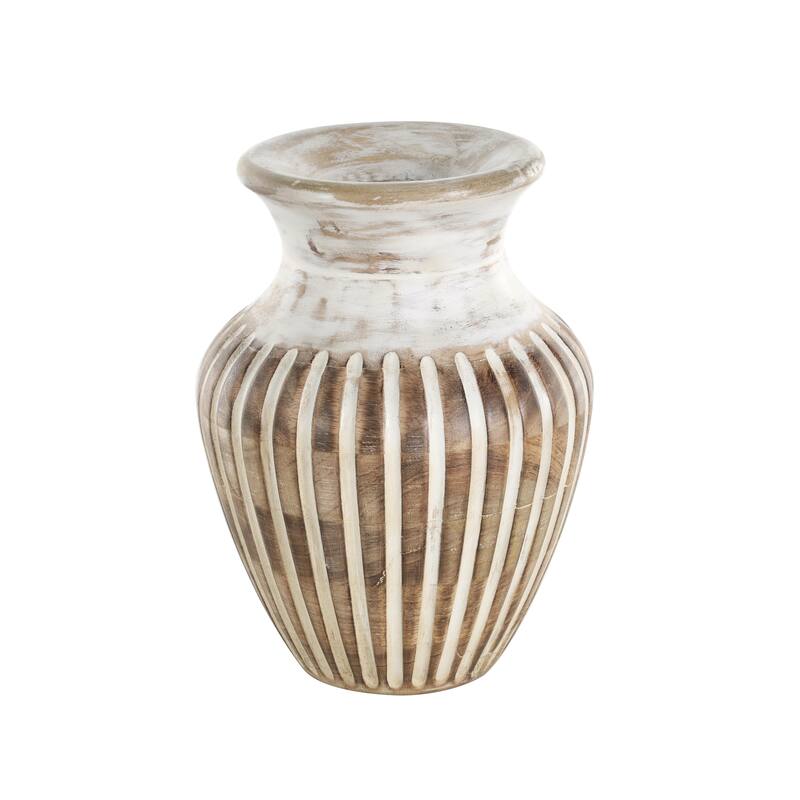 Mango Wood Distressed Decorative Vase with Carved Grooves - Brown - Roche River Decor