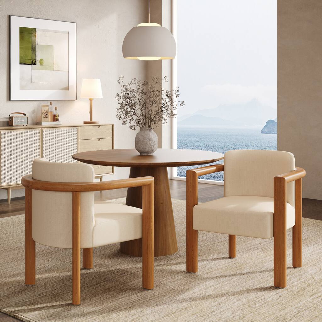 Roomfitters Upholstered Fabric Dining Armchair with Walnut Rubber Wood Frame, Beige Set of 2