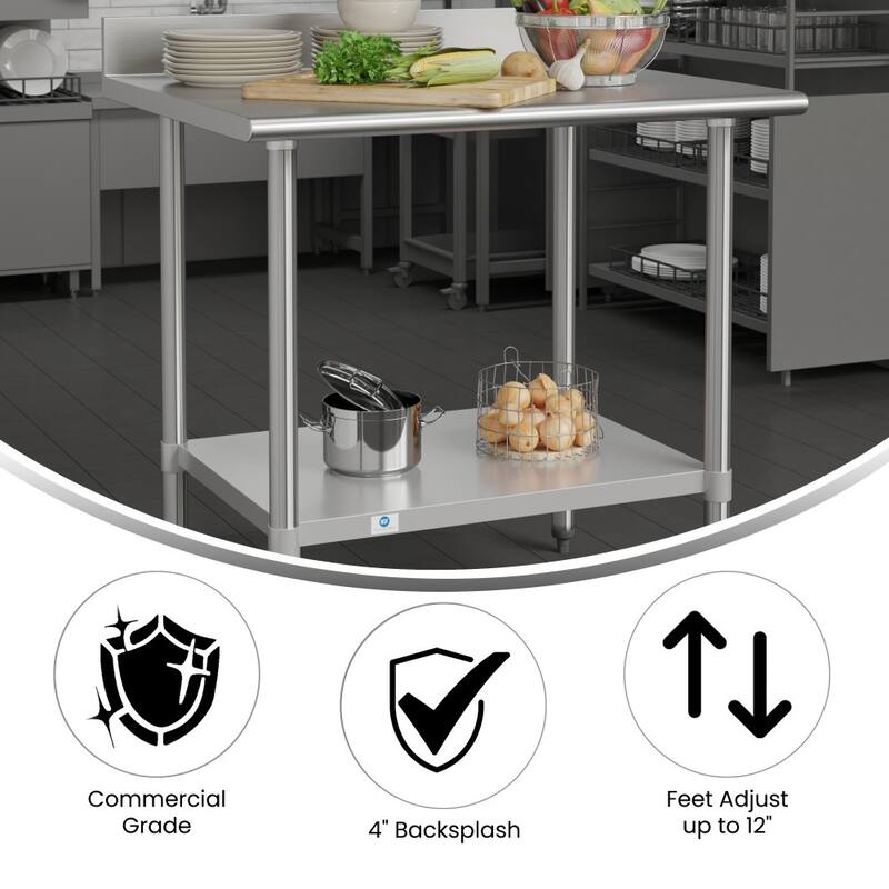Commercial Stainless Steel Kitchen Prep and Work Table with Shelf and Backsplash